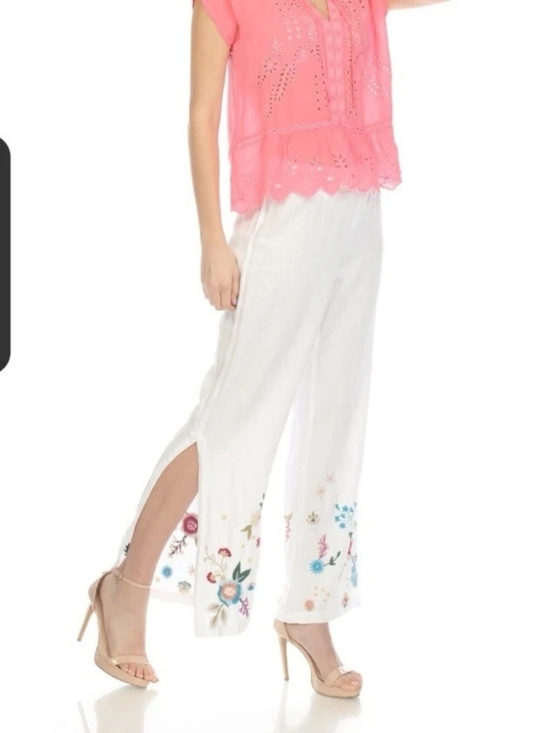Jw Los Angeles Pants - Jhonny Was Martini High Slit White Wide-Leg Linen Embroidered Floral Palazo M.